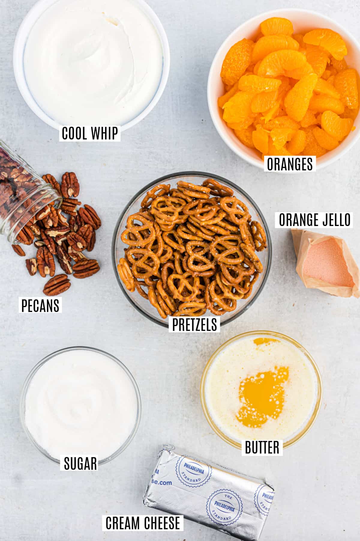Ingredients needed to make mandarin orange pretzel bars.