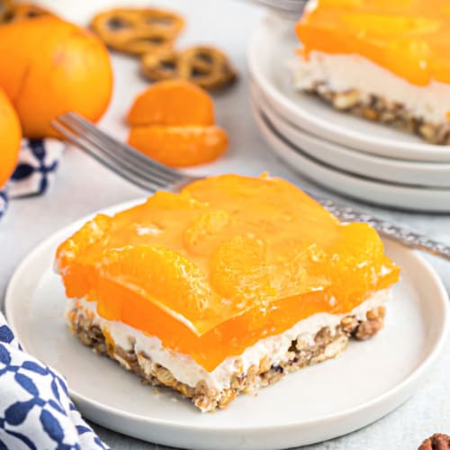 Sweet and salty, this Mandarin Orange Pretzel Salad recipe is the perfect dish to share this summer! You'll love the nutty pecans in the crust of this sweet treat!