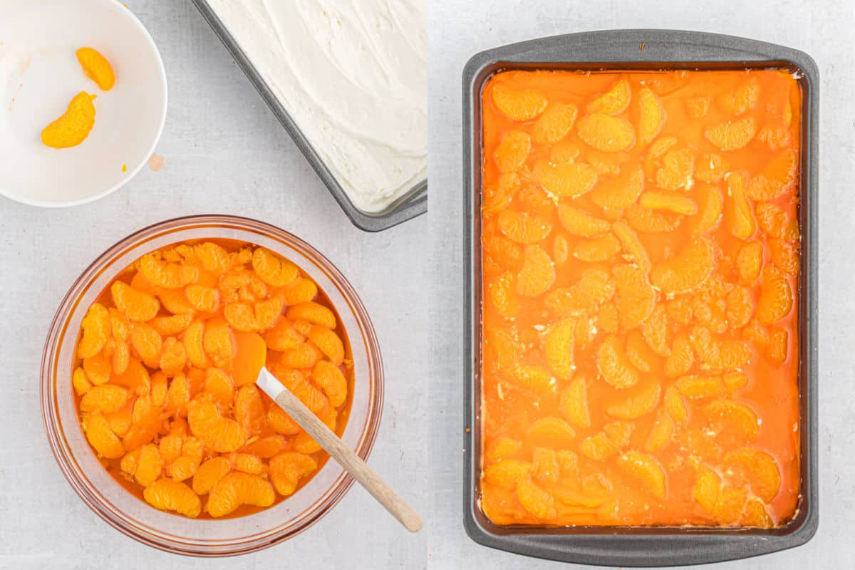Step by step photos showing how to make mandarin orange layer for bars.