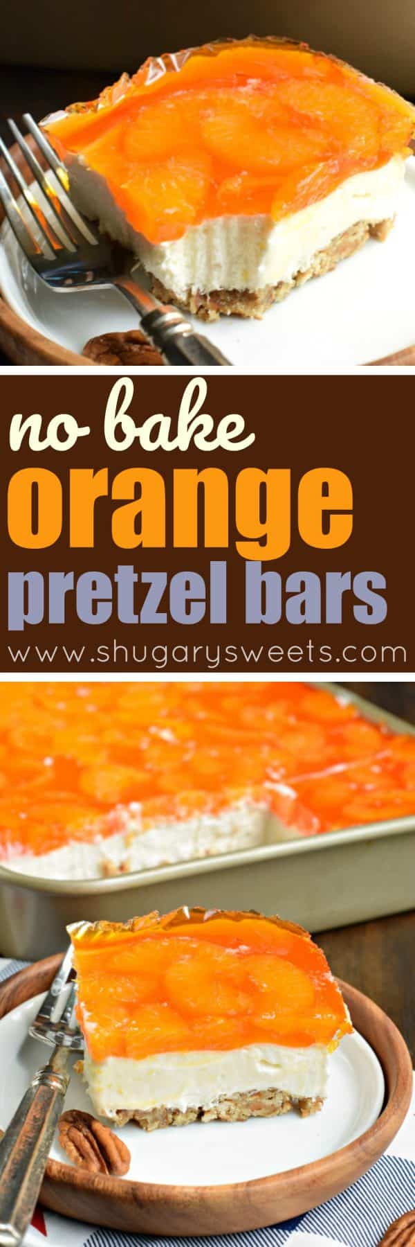 Sweet and salty, this Mandarin Orange Pretzel Bars recipe is the perfect dish to share this summer! You'll love the nutty pecans in the crust of this sweet treat!
