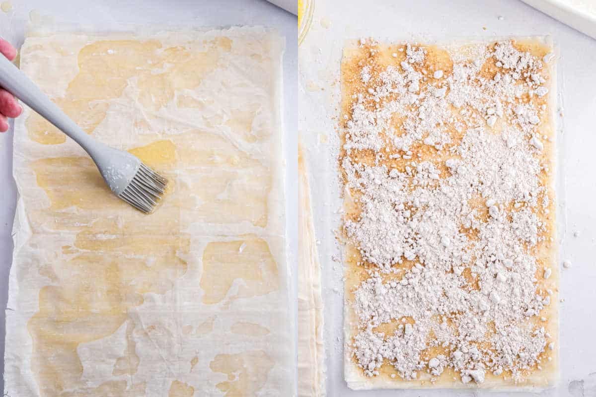 Phyllo dough brushed with butter on the left; baklava layers topped with sugar and nuts on the right.