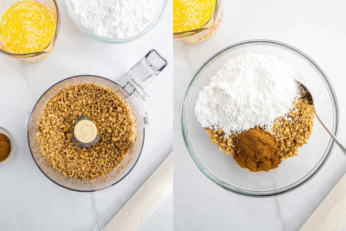 Chopped nuts in a food processor and a bowl with nuts, powdered sugar, and cinnamon on a white surface—perfect for making baklava.