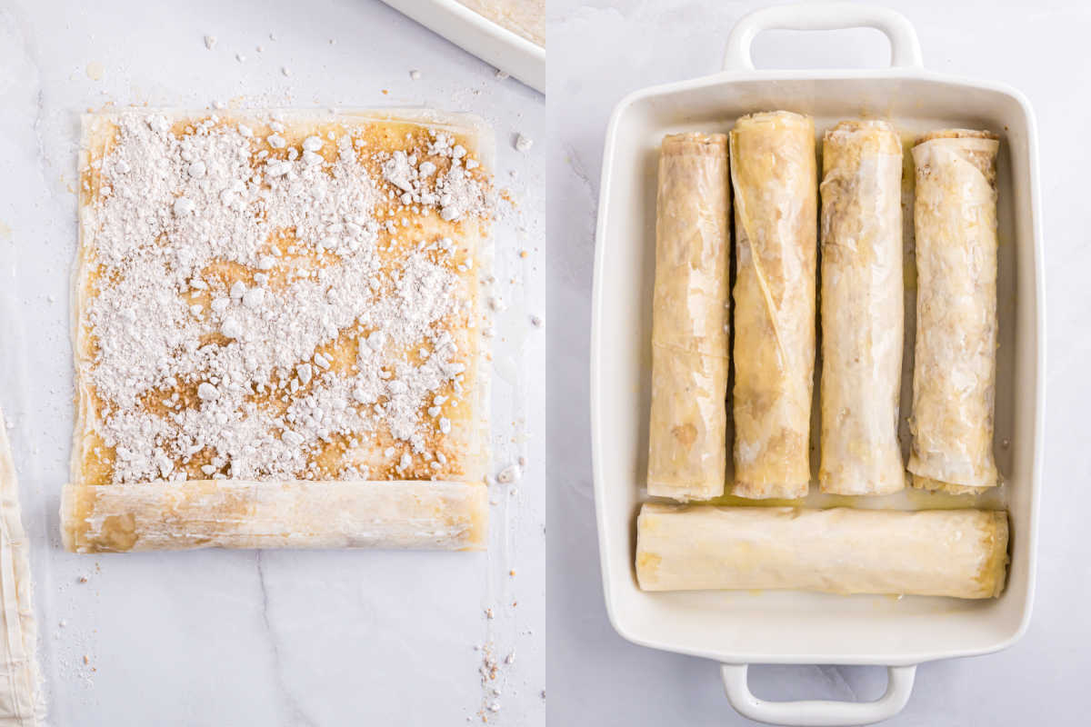 Left: Filo dough sprinkled with sugar being rolled for baklava; Right: Rolled dough lined up in a white baking dish.