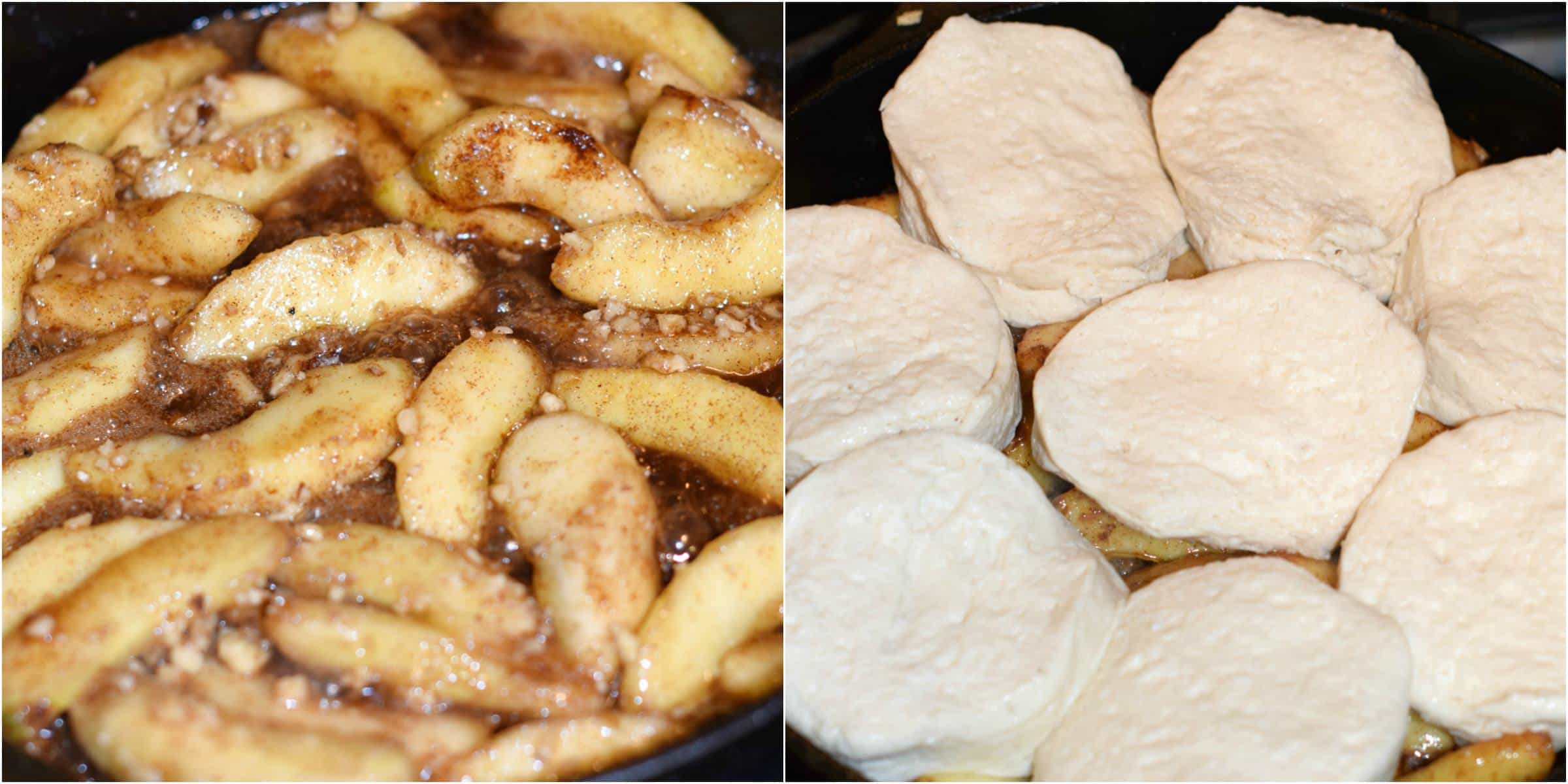 Step by step photos showing how to make skillet apple cobbler.