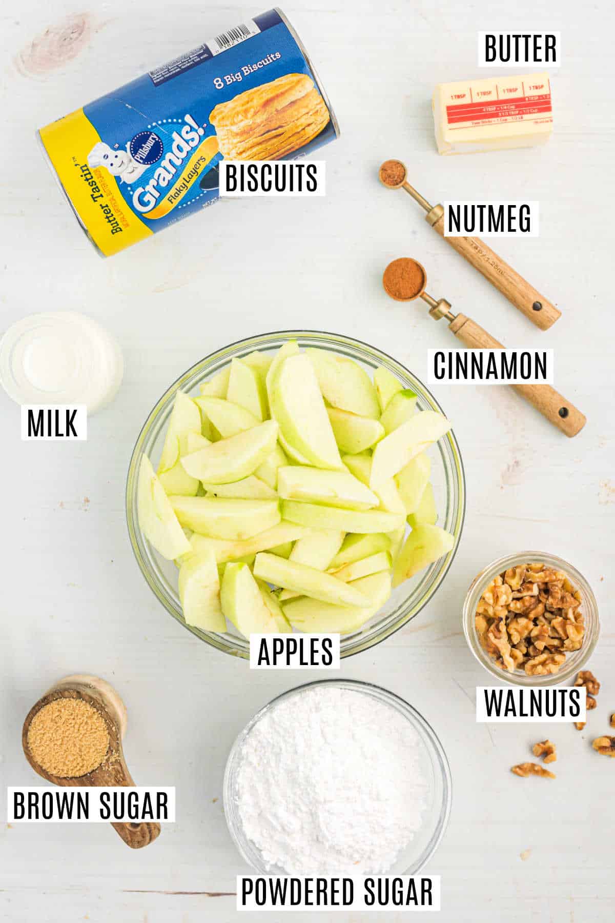Ingredients needed to make apple cobbler in a skillet.