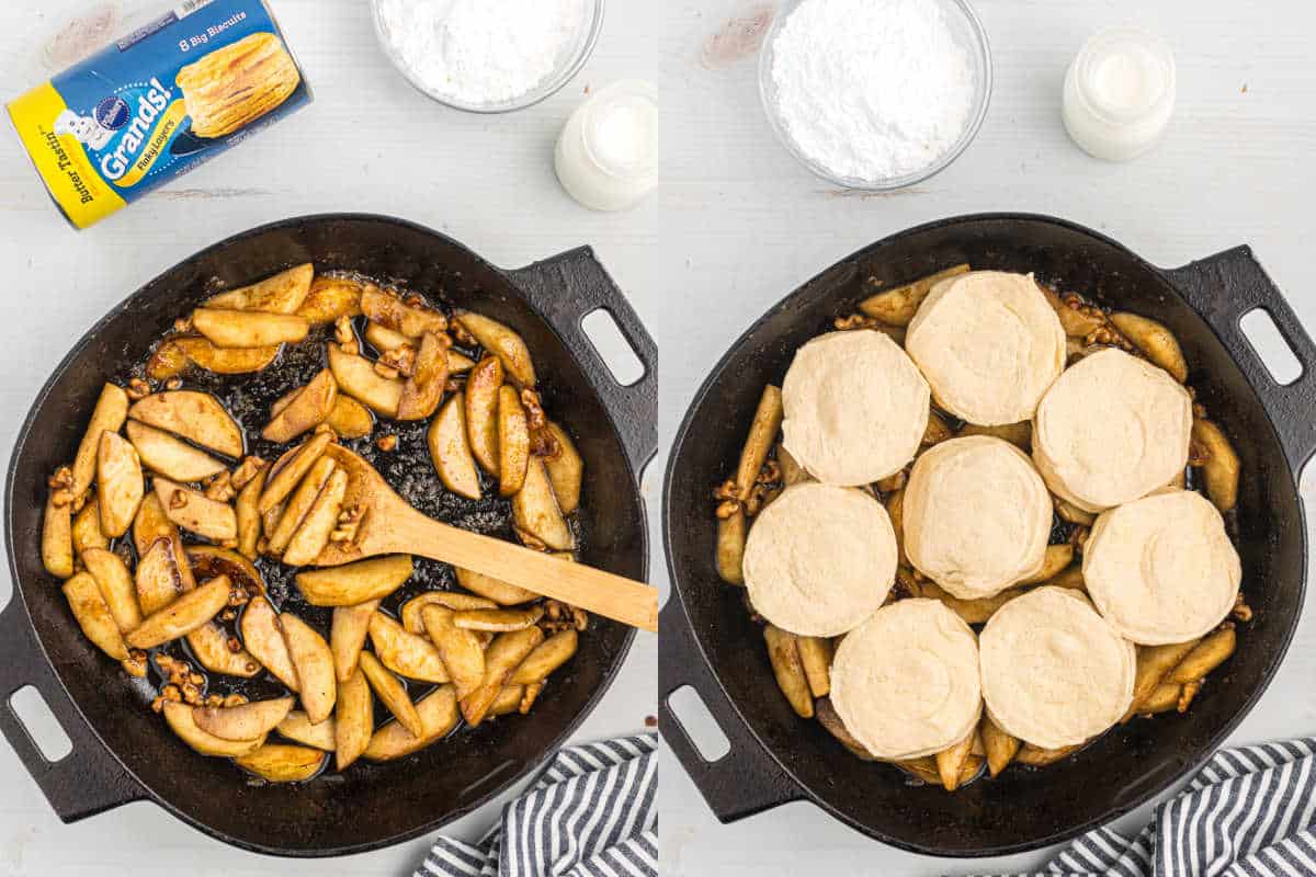 Step by step photos showing how to make apple cobbler in the skillet.