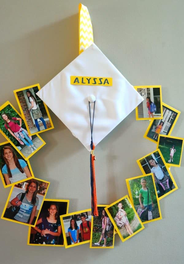 Create a photographic masterpiece with this "GRADUATION CAP WREATH"...each photo represents back to school from K-12. Grad cap and tassle too!