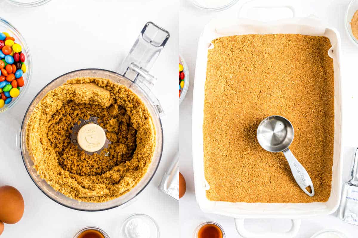 Split image: Left, crushed graham crackers in a food processor; right, crust for M&M Cheesecake Bars pressed in a baking pan with a measuring cup.
