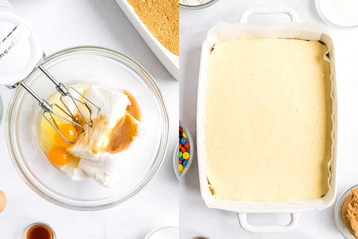 Left: Mixing eggs, cream cheese, vanilla for M&M Cheesecake Bars. Right: Cheesecake batter spread in a white rectangular baking dish.