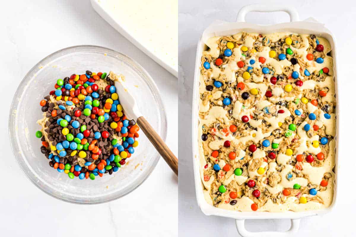 Left: Mixing bowl with cookie dough and colorful candies. Right: Unbaked M&M Cheesecake Bars dough in a white baking dish.