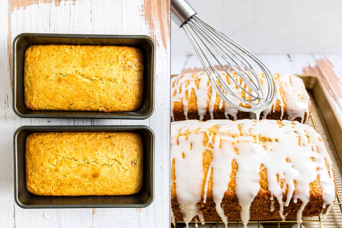 Two loaves of lemon zucchini bread in pans, with glazed loaves as icing is drizzled from a whisk.