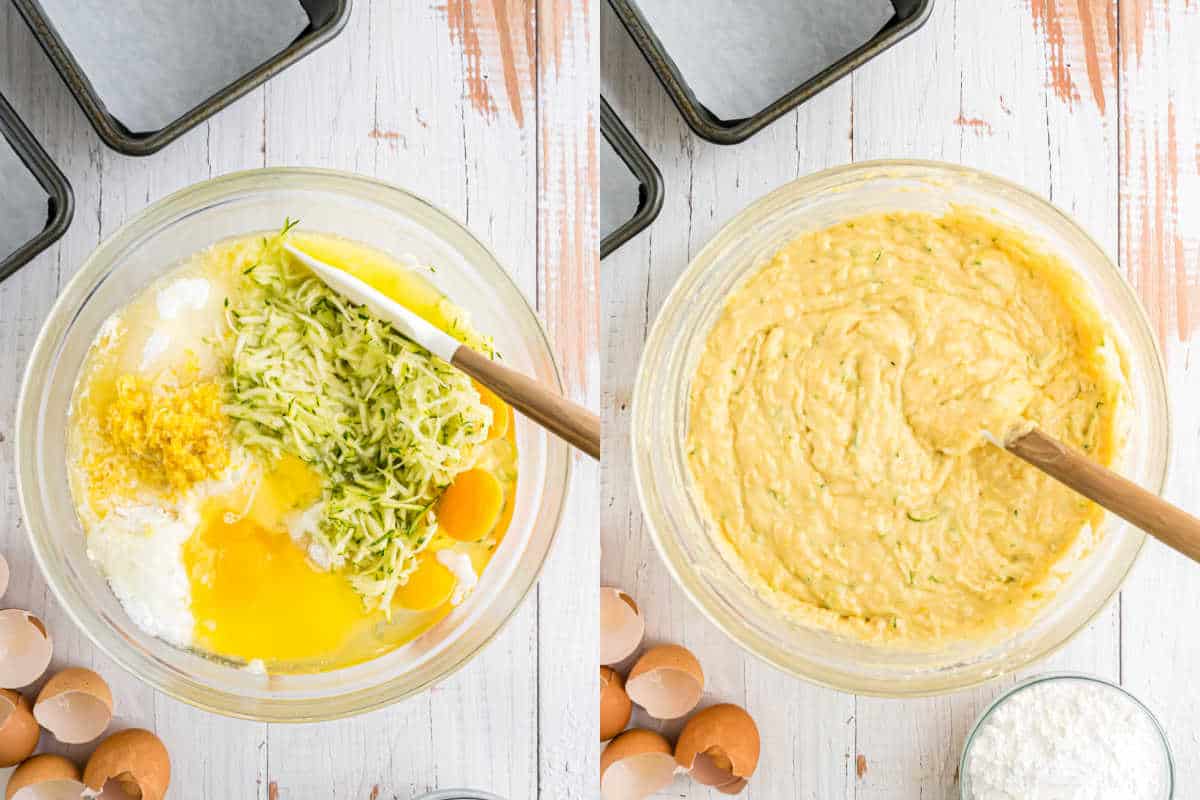 Side-by-side bowls: left shows baking ingredients for lemon zucchini bread, right shows them mixed into a smooth batter, on a white table.