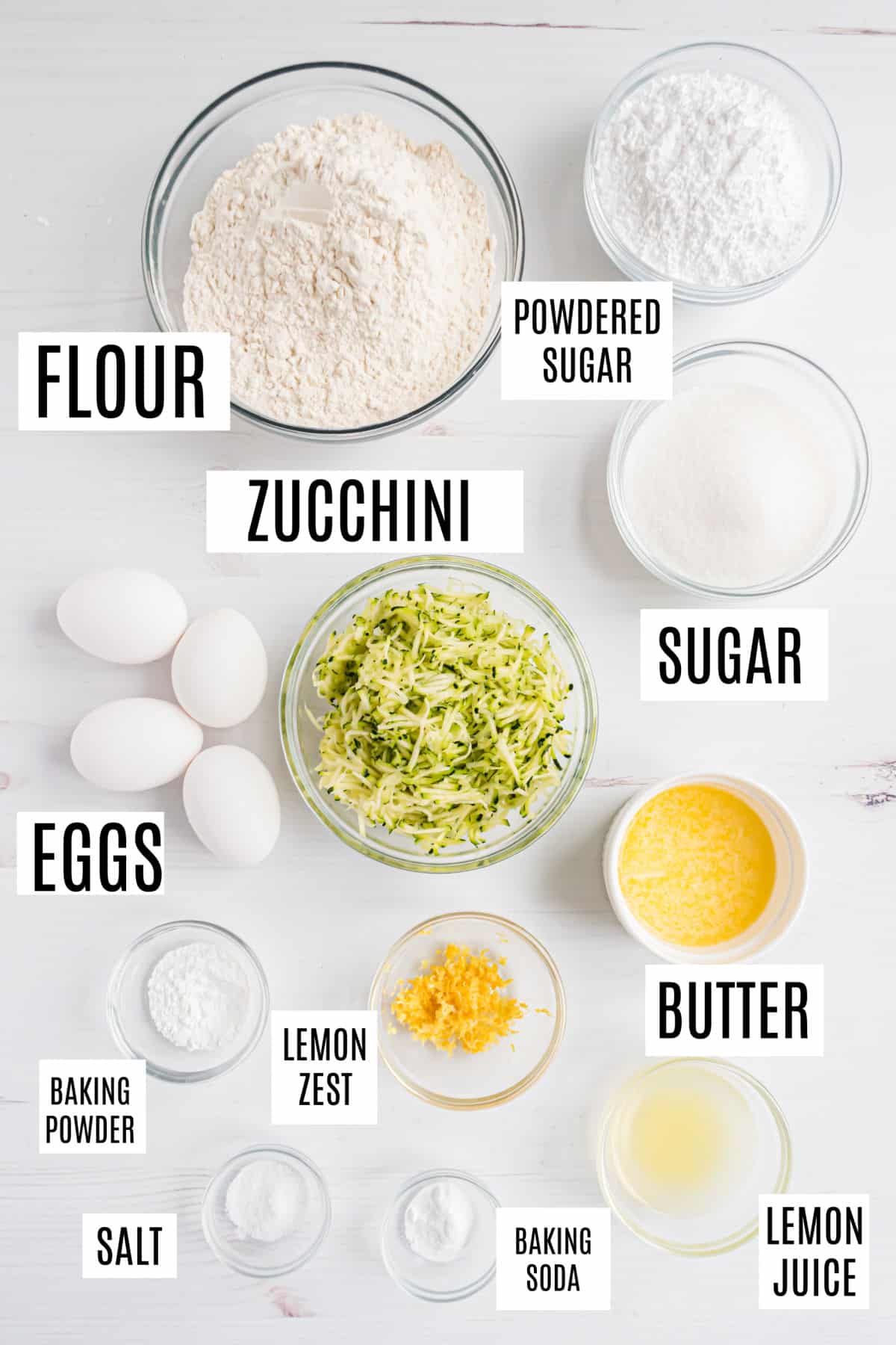Ingredients needed to make lemon zucchini bread.