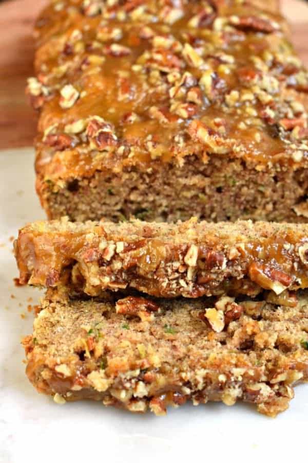 You'll love this Praline Topped Zucchini Bread with it's sweet, brown sugar topping. Sweet and salty, this bread makes TWO freezer friendly loaves! Perfect for sharing or saving for later!