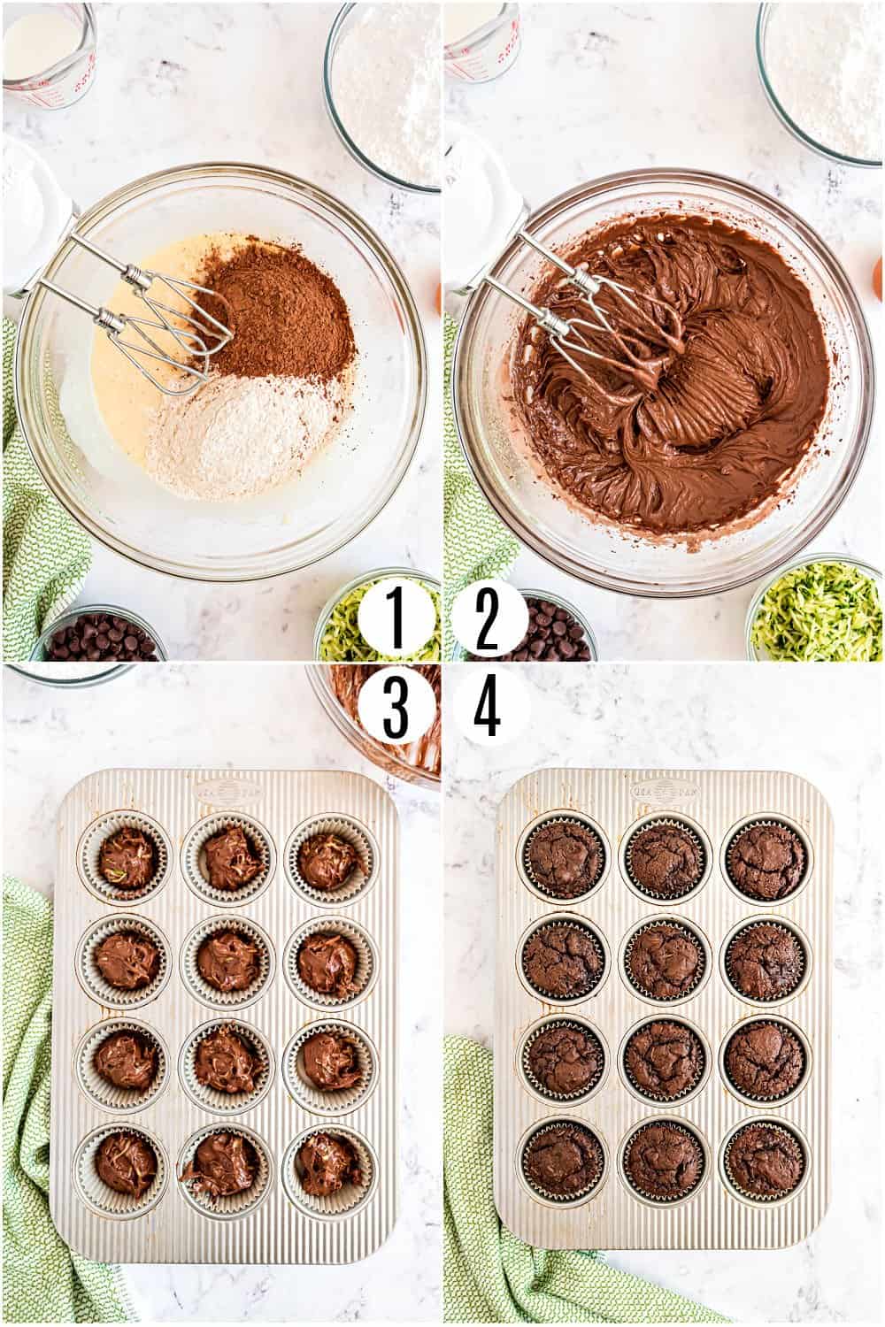 Step by step photos showing how to make chocolate frosted cupcakes.