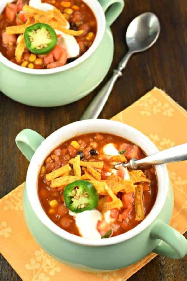 Thick and hearty, this Slow Cooker Vegetarian Lentil Tortilla Soup recipe is the perfect weeknight meal! You'll love the spicy flavor and you won't miss the meat!