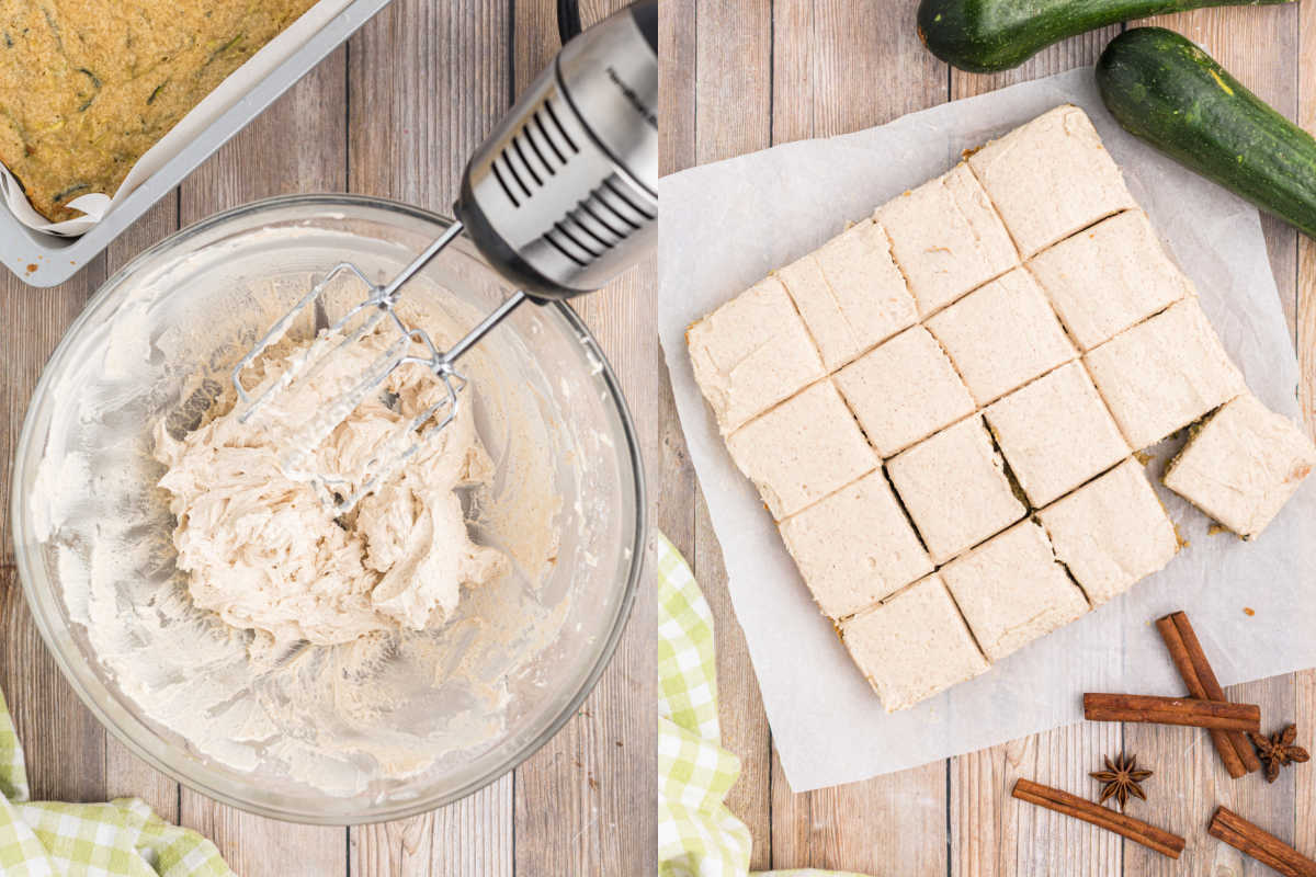 Bowl of frosting with mixer beside cinnamon frosted zucchini cake bars, cut and arranged on parchment; fresh zucchinis and cinnamon sticks nearby.
