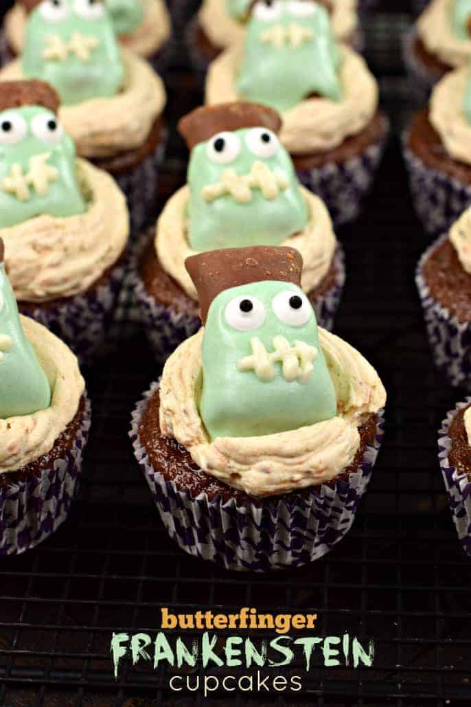 Chocolate cupcakes with butterfinger frosting and topped with a frankenstein decorated butterfinger candy.