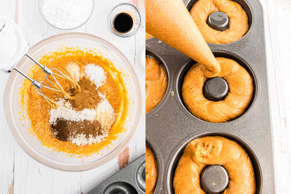 A bowl of baking ingredients and a mixer, next to batter for maple glazed pumpkin donuts being piped into a doughnut pan.