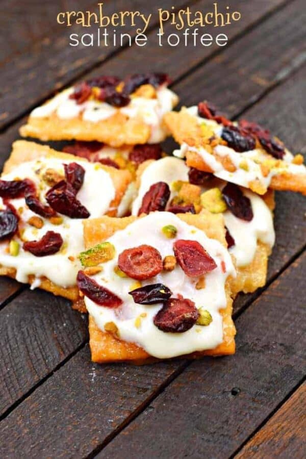 Cranberry Pistachio Saltine Toffee recipe #christmascandy #saltinetoffee #crackertoffee #candy #dessert #christmasbaking #holidays