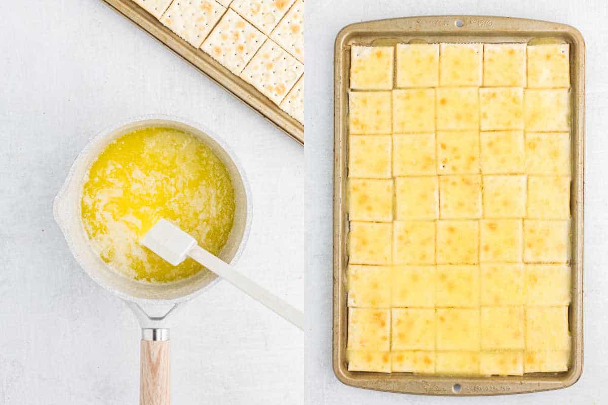 Melted butter in a saucepan and a baking sheet of cranberry pistachio saltine toffee crackers brushed with butter.
