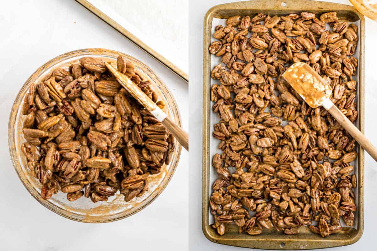 Maple Brown Sugar Pecans coated in a spice mixture sit in a bowl and are spread on a baking sheet with a spatula, ready for roasting.