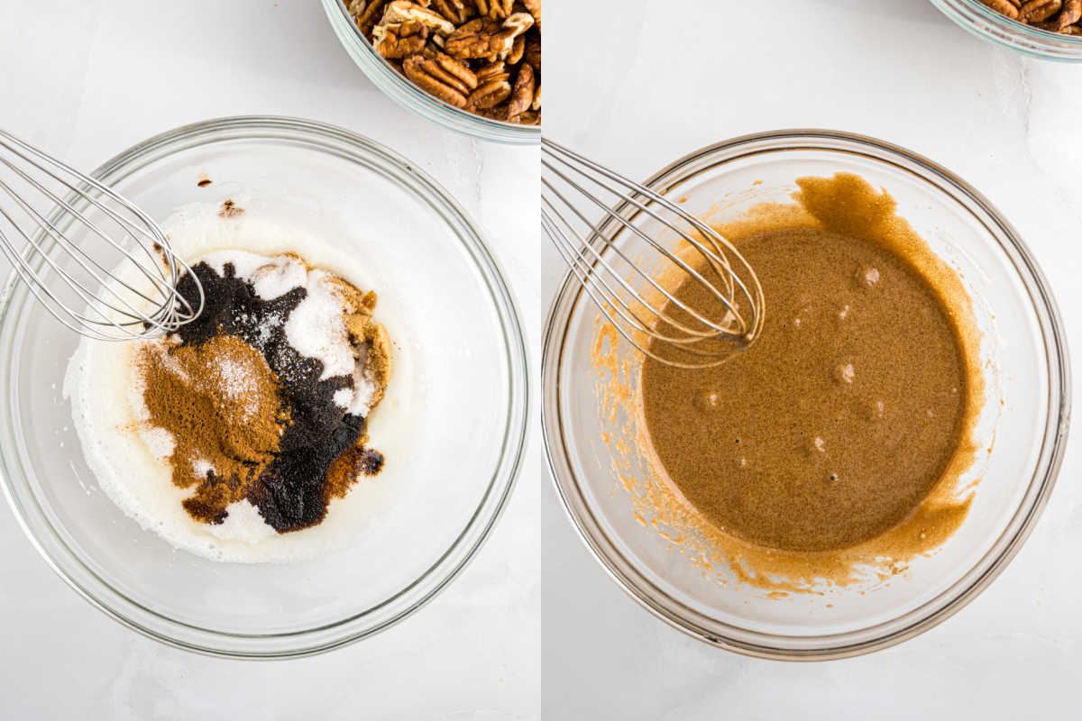 Side-by-side bowls: left with sugar, spices, vanilla, and chopped Maple Brown Sugar Pecans; right with mixture whisked into a smooth brown batter.