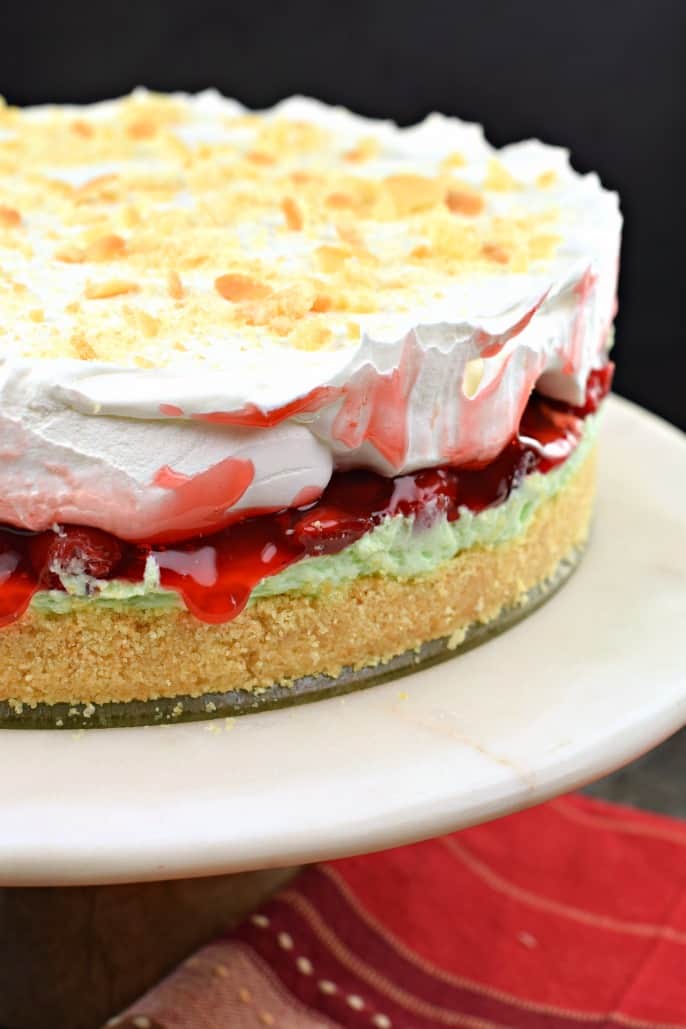 No Bake Pistachio Cherry Cheesecake recipe #holidays #christmas #cheesecake #christmasbaking #christmasrecipes #pistachio