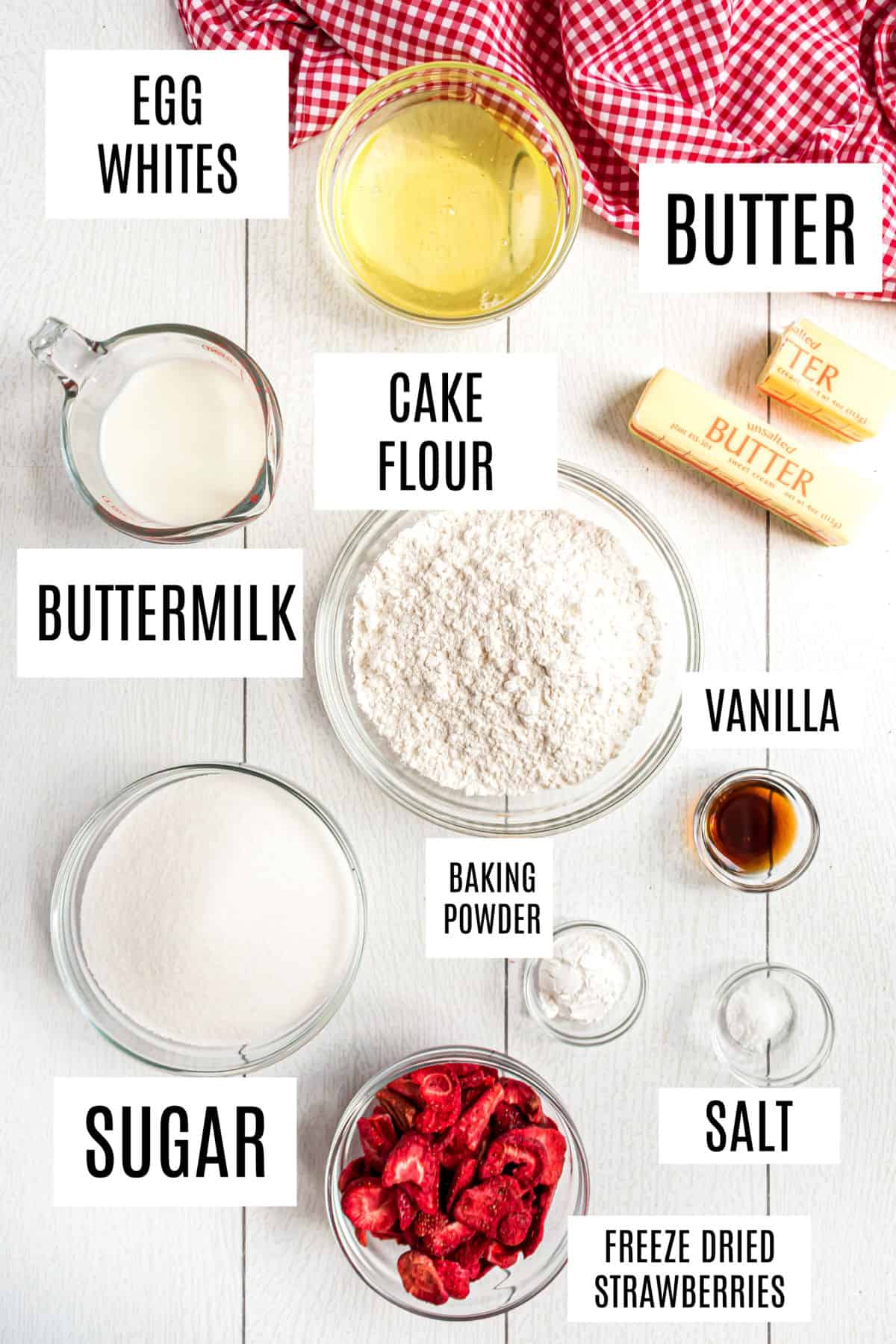 Ingredients needed for strawberry cake from scratch.