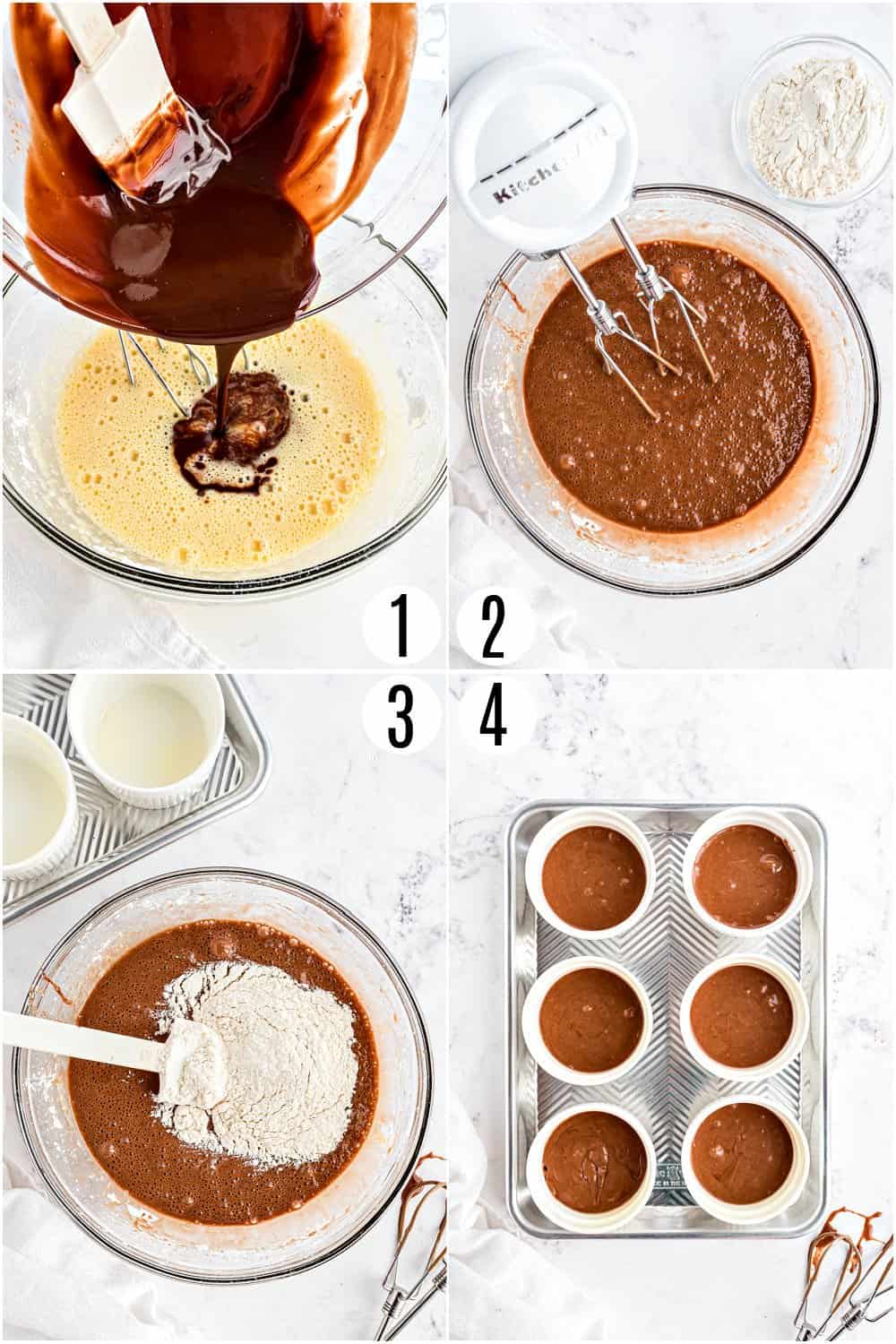 Step by step photos showing how to make molten chocolate cake.