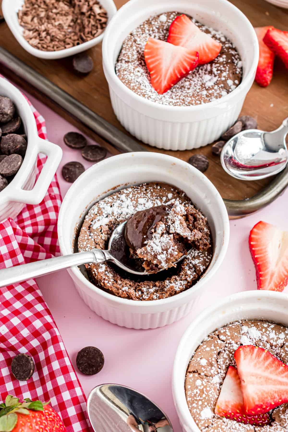 Molten chocolate lava cake in small ramekin.