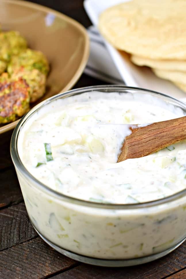 glass bowl of homemade tzatziki sauce