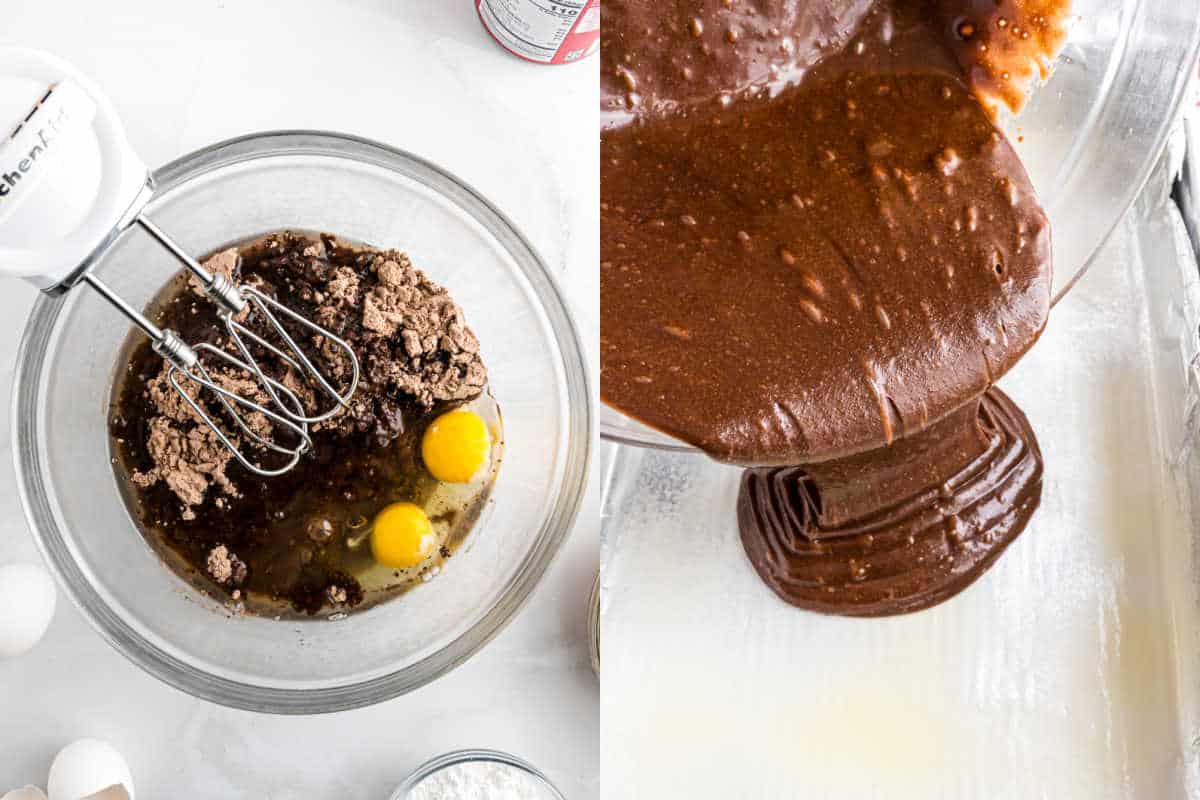 Left: Brownie batter with eggs in a bowl and hand mixer. Right: Peanut butter jelly brownie batter being poured into a lined baking pan.