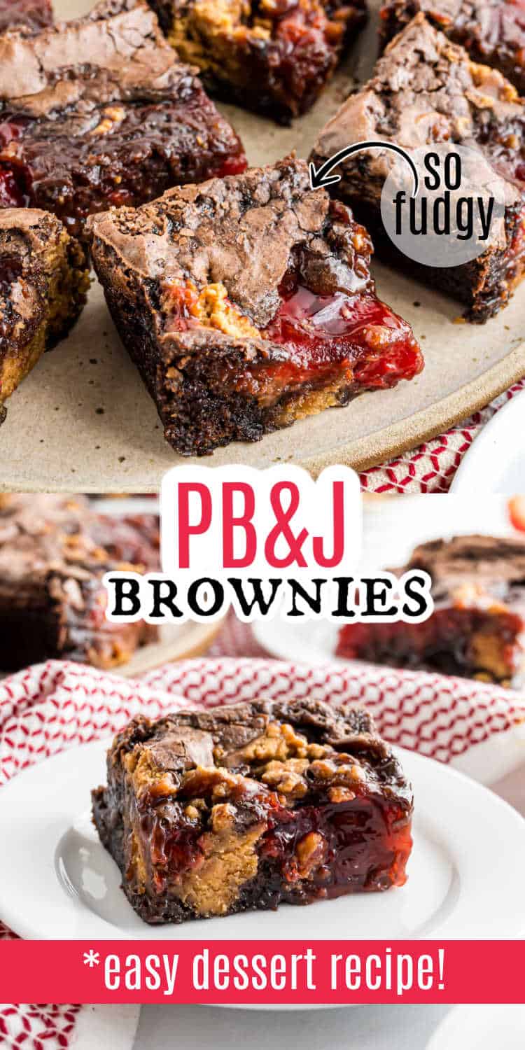Close-up of decadent peanut butter jelly brownies, featuring fudgy layers with gooey peanut butter and jelly, served on plates against a white background.