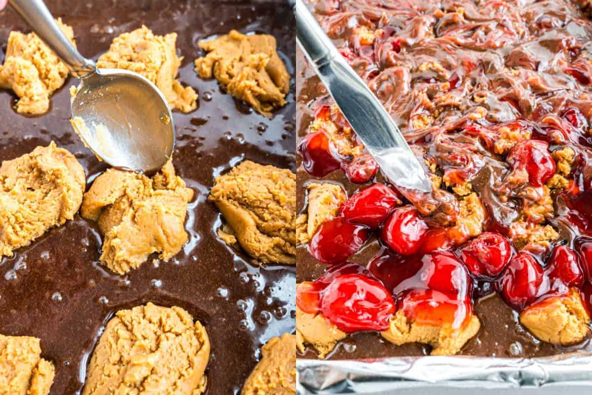 Side-by-side photos of dessert prep: peanut butter jelly brownie dough in chocolate batter and with cherry topping added.