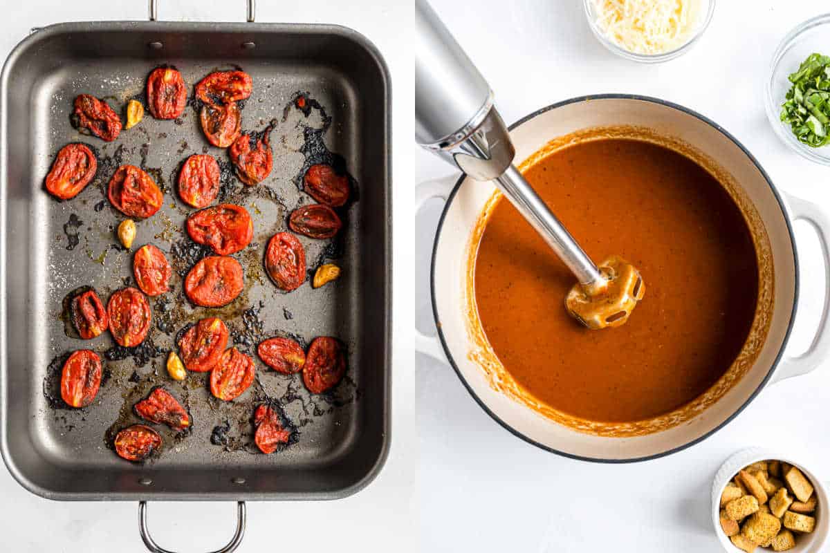 Left: roasted tomatoes and garlic in a pan. Right: an immersion blender blending roasted tomato soup in a pot.
