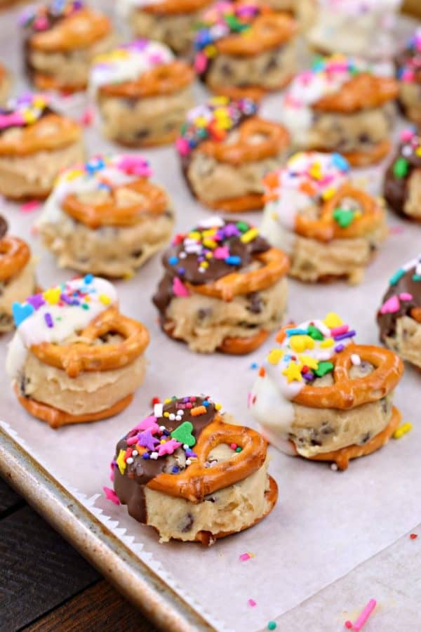 chocolate chip, cookie dough, pretzel, bites, no bake, dessert, chocolate, sprinkles, pretzels, cookie, 