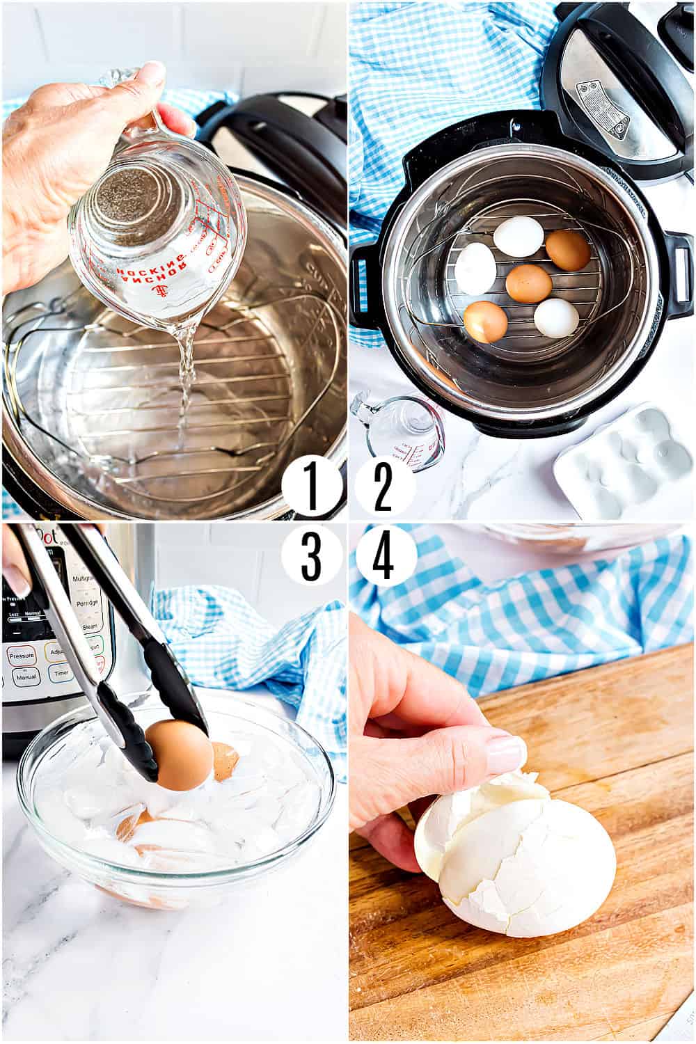 Step by step photos showing how to make hard boiled eggs.