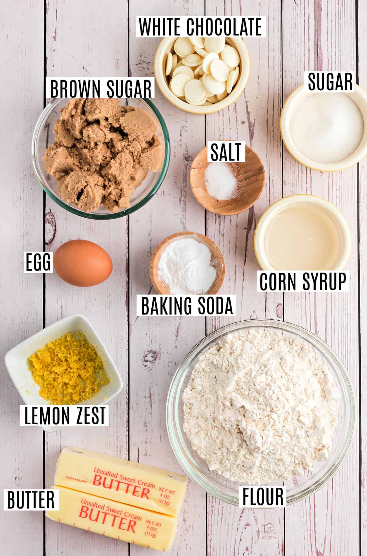 Ingredients needed to make lemon crinkle cookies.