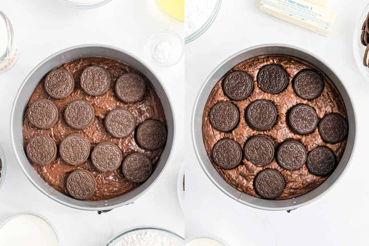 Two images show an oreo brownie cake in a pan, with chocolate sandwich cookies nestled in brownie batter before and after baking.