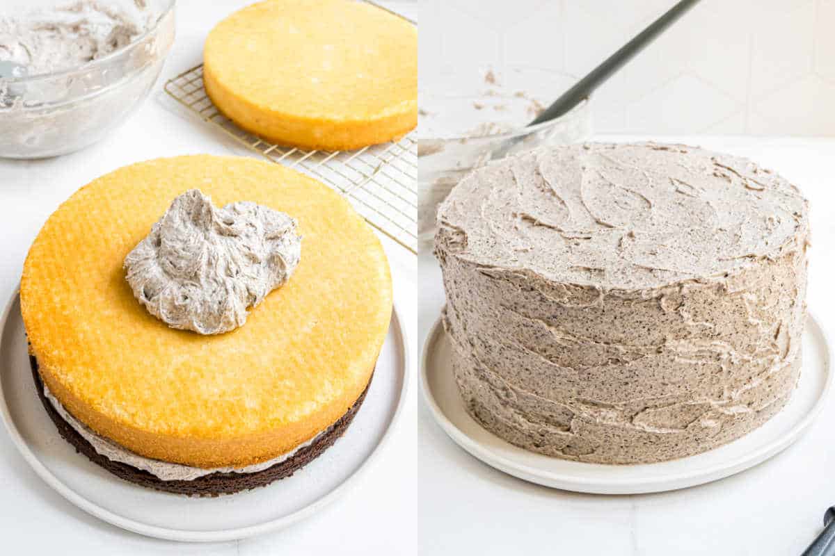 Two photos: yellow cake layers being filled and frosted with cookies and cream frosting on a white plate, perfect for fans of classic flavors or those craving an Oreo brownie cake twist.