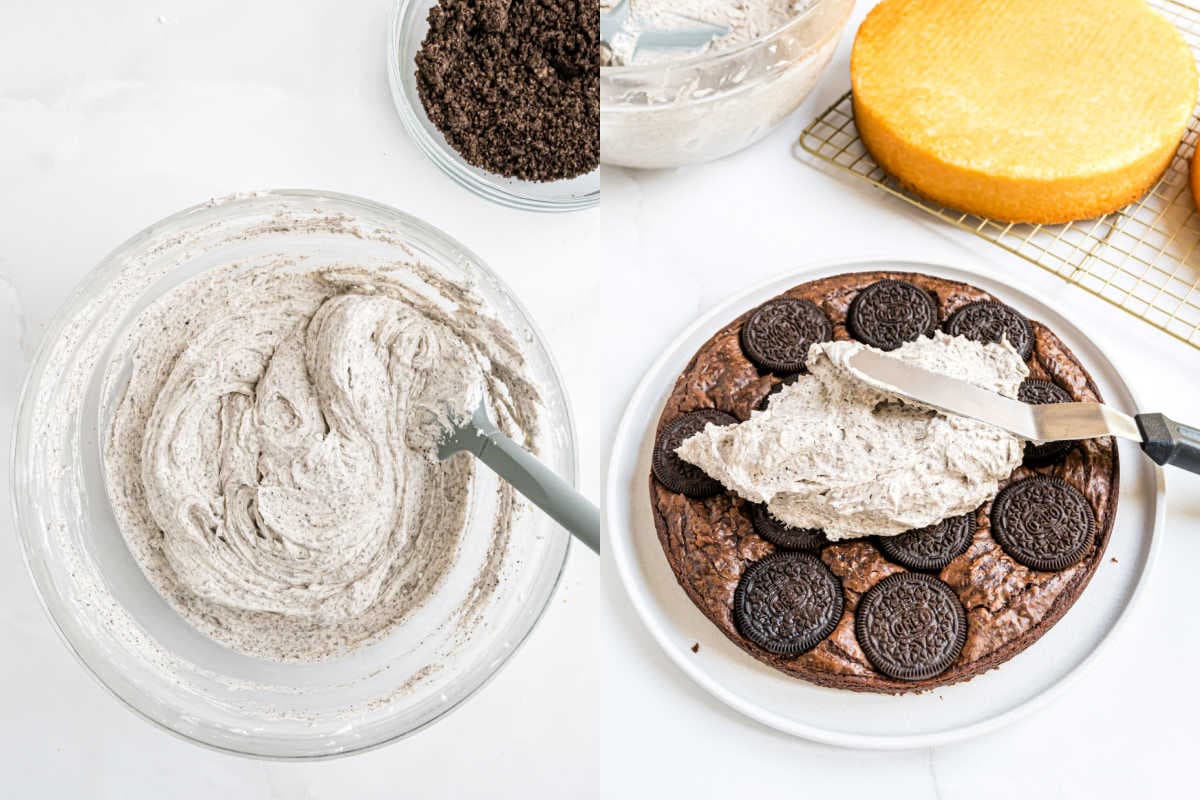 Left: Mixing cookies and cream frosting. Right: Spreading the frosting on an oreo brownie cake topped with cookies.