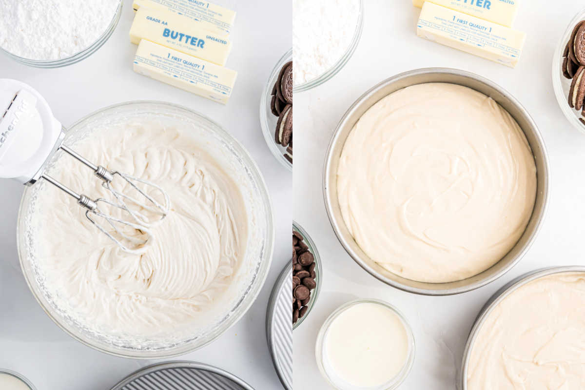 Left: Mixer whipping creamy Oreo brownie cake batter in a bowl. Right: Smooth batter in a round cake pan, surrounded by ingredients.