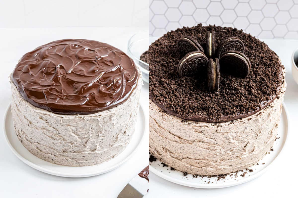 Two images of a frosted chocolate cake, one plain and one transformed into an Oreo brownie cake with crushed cookies and whole Oreos on top.