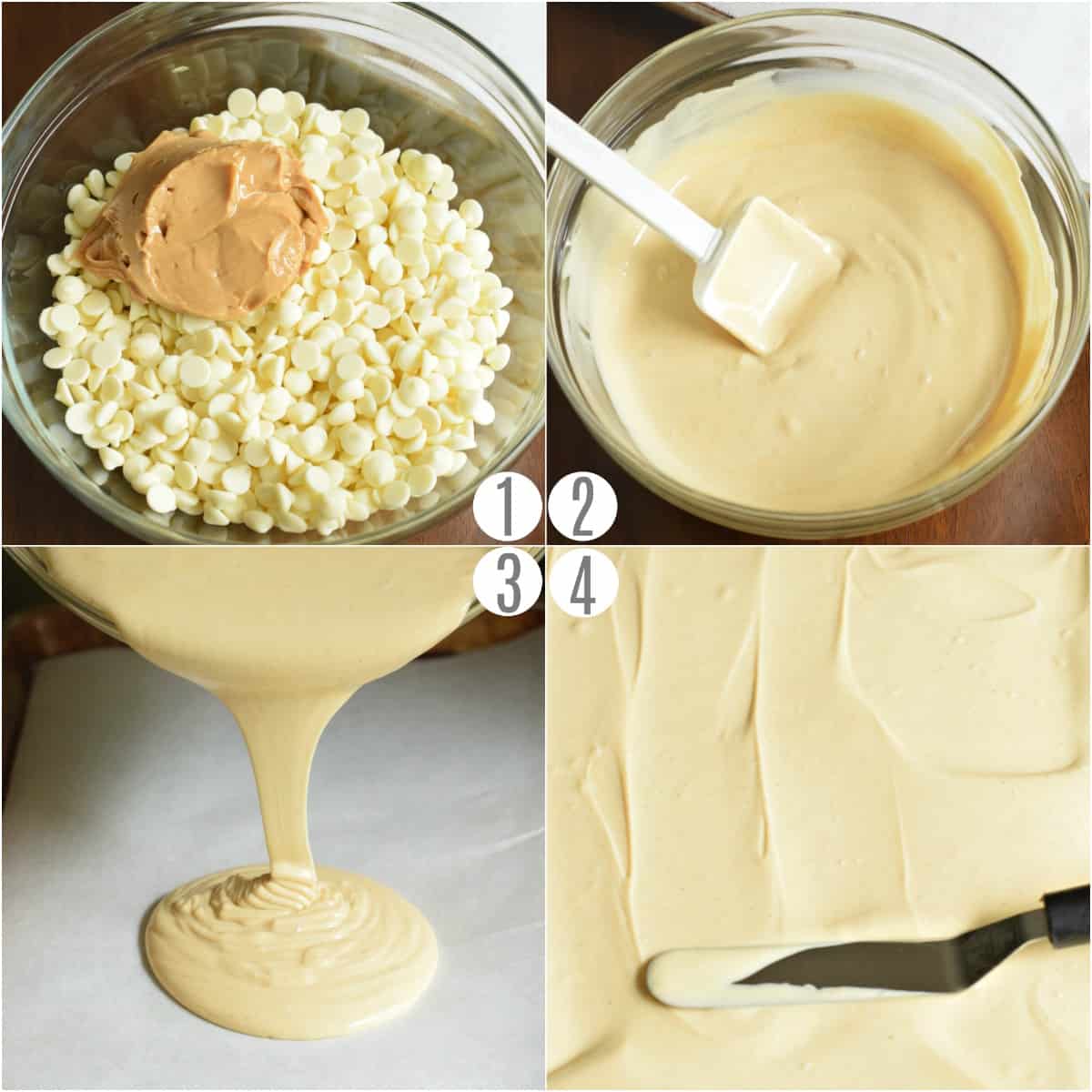 Step by step photo showing how to make tiger butter fudge.