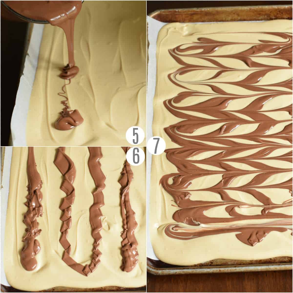 Step by step photos showing how to add milk chocolate to tiger butter.