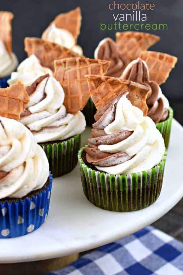 CHOCOLATE VANILLA SWIRLED FROSTING on a CHOCOLATE CUPCAKE in a green wrapper with a WAFFLE CONE, CHOCOLATE, BUTTERCREAM FROSTING, FROM SCRATCH