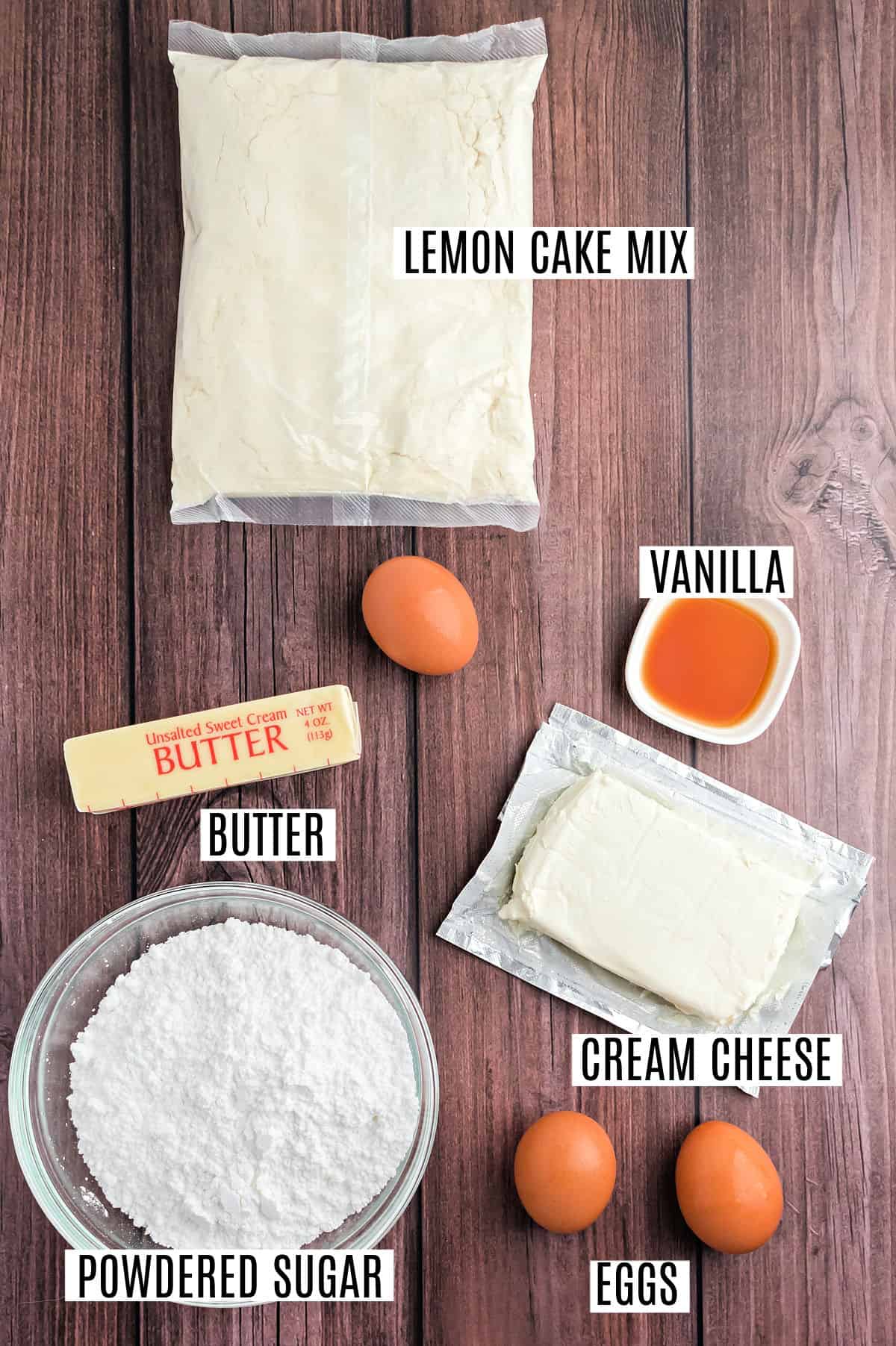 Ingredients needed to make gooey lemon cake bars. 