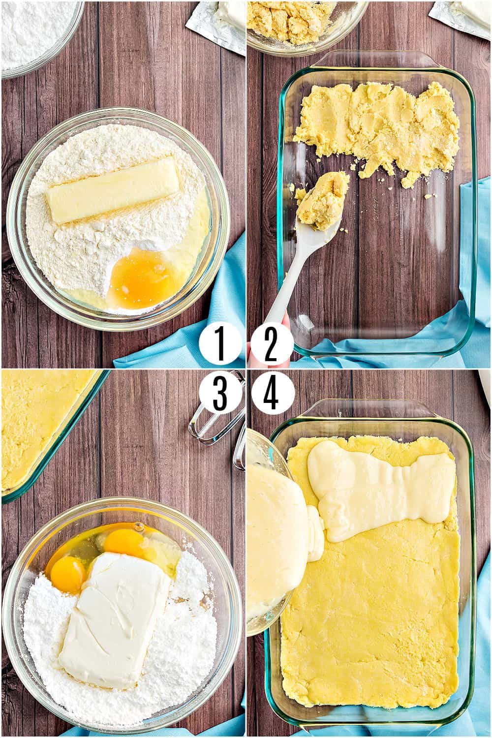 Step by step photos showing how to make lemon cake bars.