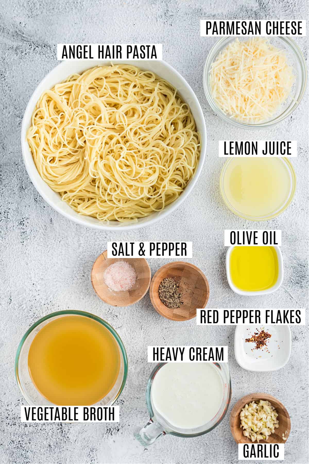 Ingredients needed to make lemon garlic pasta.